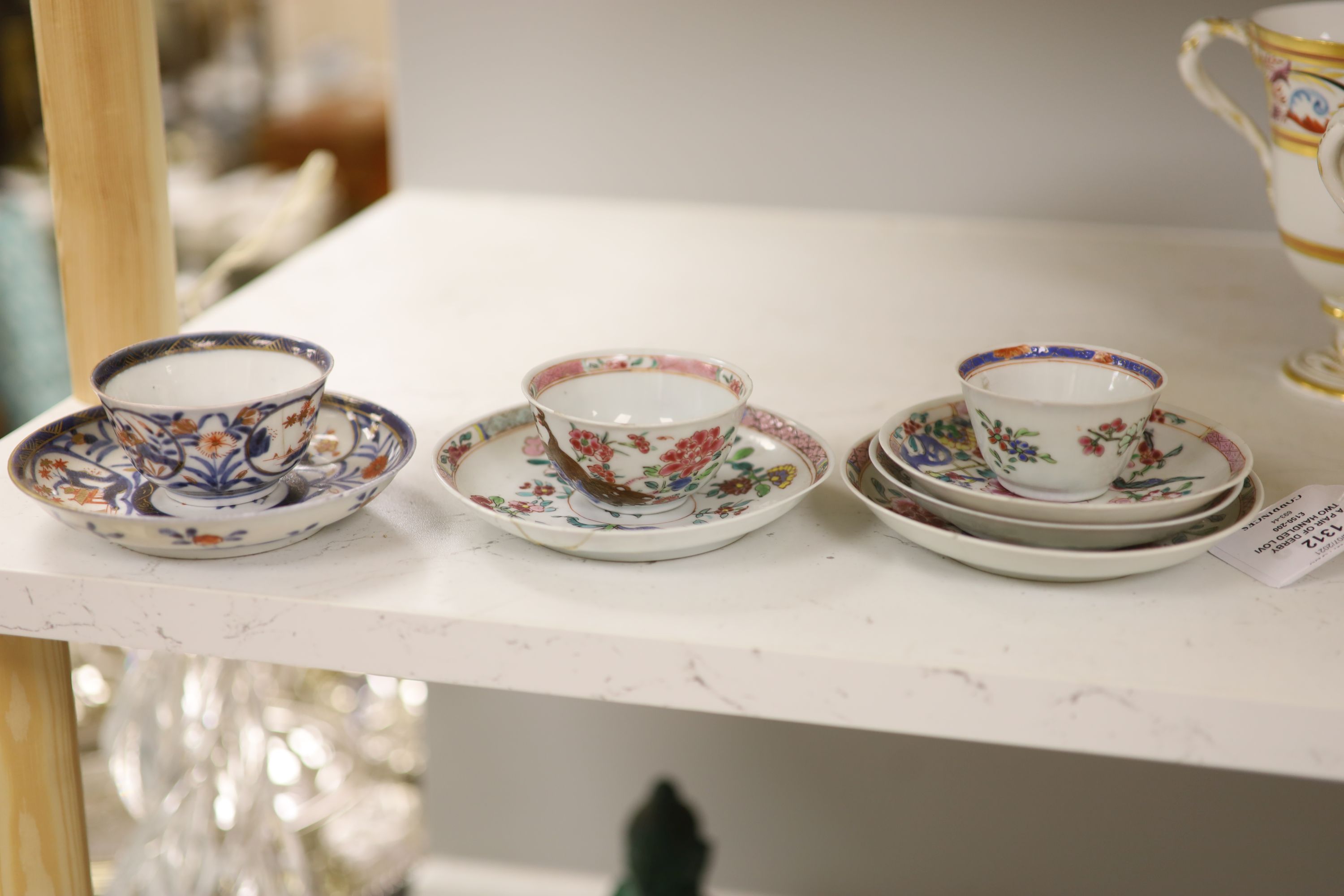Three 18th century Chinese famille rose or Imari tea bowls together with five saucers
